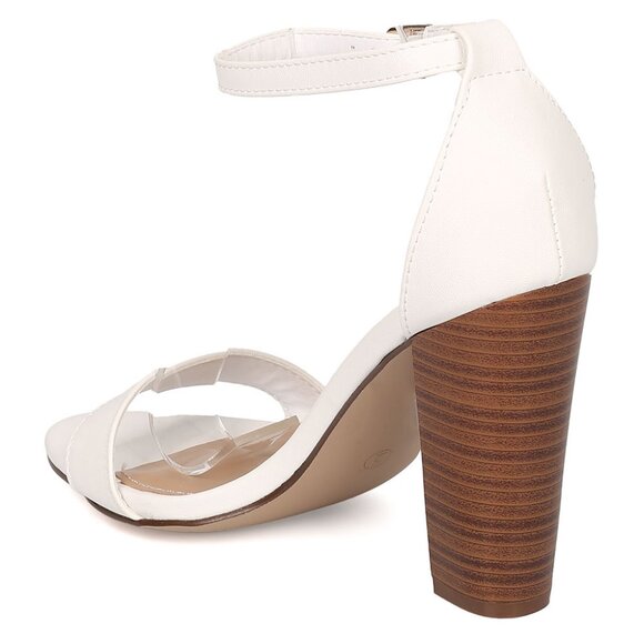 New Classic White Open Toe Ankle Strap Sandals Wood-Like Block Chunky High Heel - Picture 3 of 3